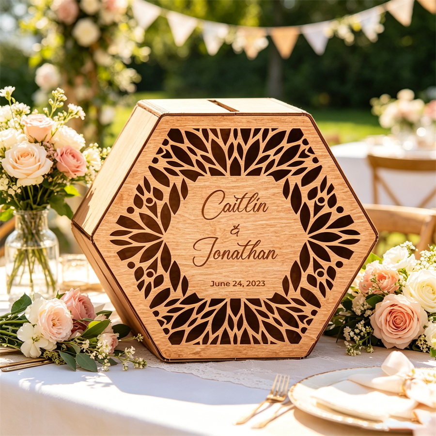 Rural-style wedding card box: Carved wooden souvenirs, personalized engagement gifts for the newlyweds